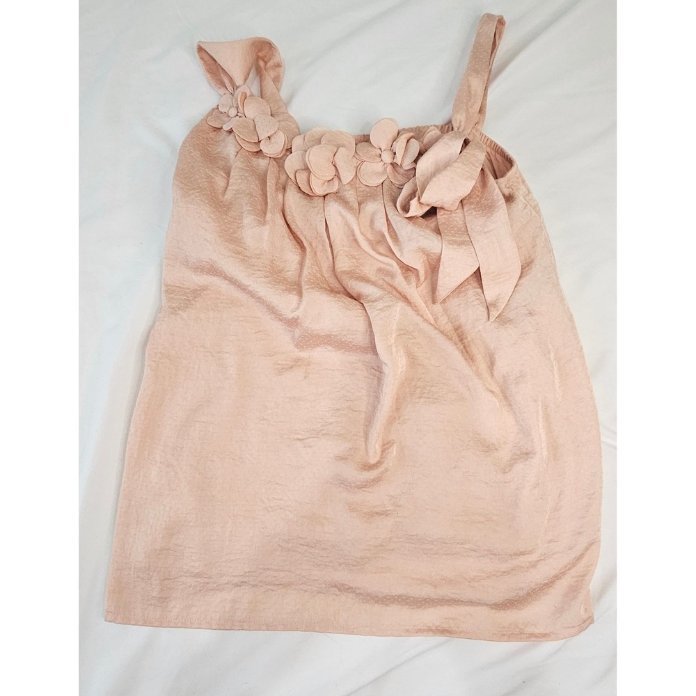 Ann Taylor Loft Peach Floral Applique Sleeveless Blouse with Shoulder Bow Detail